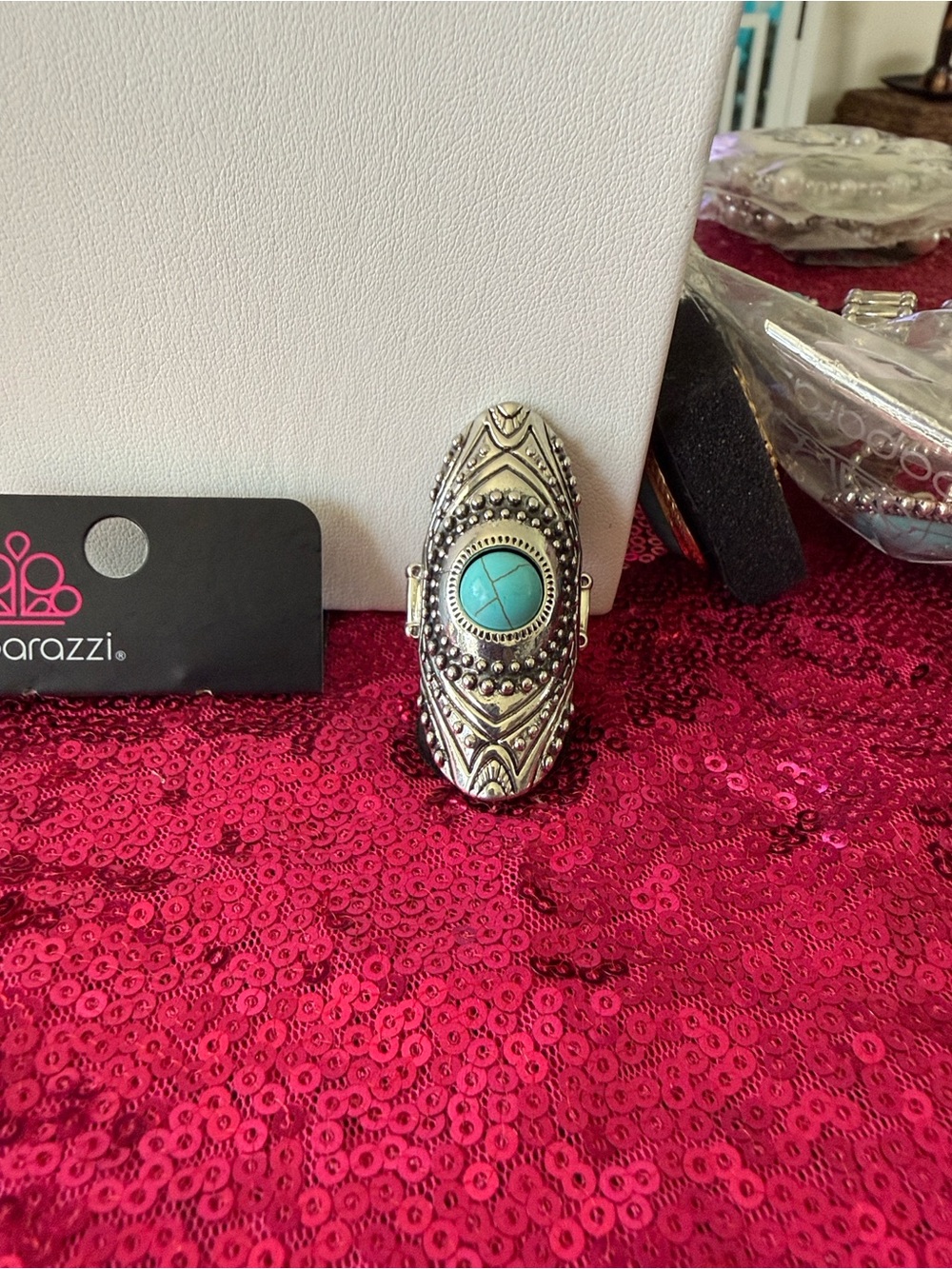 Paparazzi Silver-Tone Long Oval Ring with Turquoise Cabochon